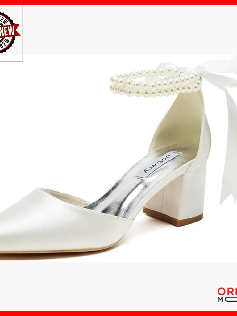 Pointed Toe Block Heel Wedding Shoes With Pearl Ankle Strap Size 6-10